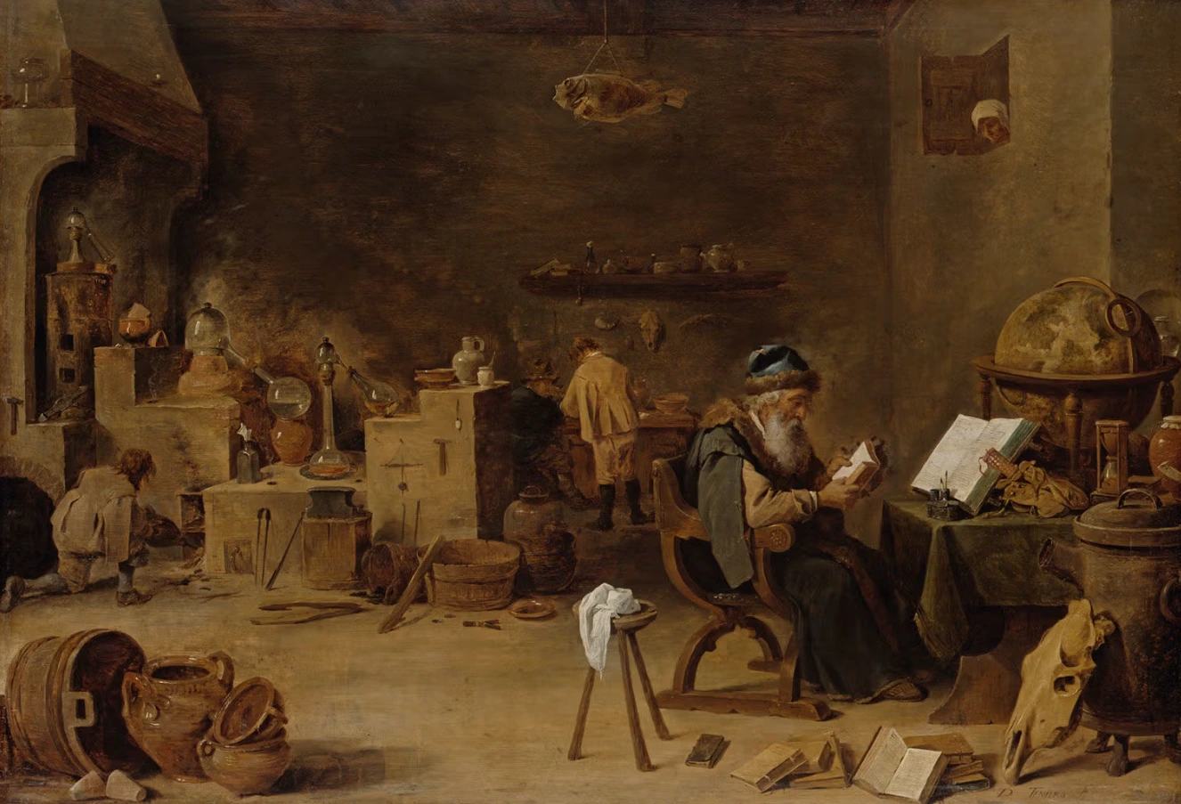 David Teniers Genç (1610–1690), Simyacı, yaklaşık 1643–45. Ahşap panel üzerine yağlı boya, 20 1/8 x 28 inç (51 x 71 cm). Herzog Anton Ulrich Müzesi, Braunschweig (139)