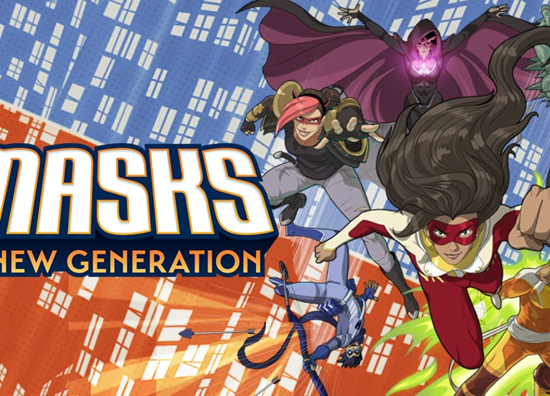 Masks: A New Generation rol yapma oyununun logosu önünde şehrin üzerinde uçan genç süper kahramanlar